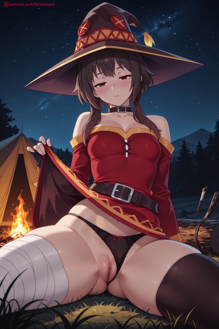 1girl ai_generated artist_name bandaged_leg bandages bangs bare_shoulders belt black_gloves black_hair black_legwear black_panties blush breasts censored choker collar collarbone dress fire gloves hat hi_res high_quality high_resolution kiraamane kono_subarashii_sekai_ni_shukufuku_wo! long_hair looking_at_viewer megumin mosaic_censoring night night_sky outdoors panties patreon patreon_username pussy red_dress red_eyes seductive sexy short_hair single_thighhigh sitting sky small_breasts solo spread_legs star_(sky) starry_sky thighhighs uncensored underwear watermark witch_hat