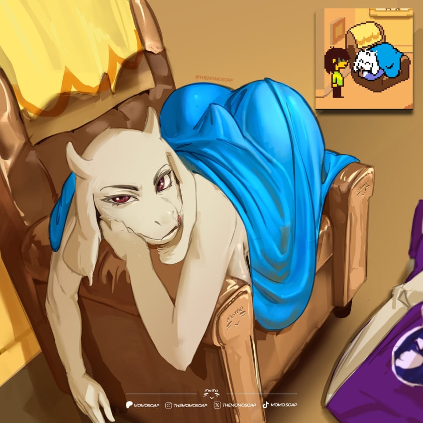 1girls anthro artist_name ass big_ass blanket couch deltarune female female_focus female_only horn laying_down living_room looking_at_viewer mammal milf momosoap nude nude_female purple_eyes tagme tail toriel undertale undertale_(series)