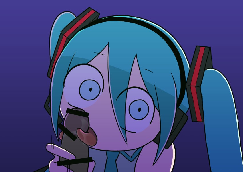 1boy 1girl 1girl1boy 1girls 2026 blue_eyes blue_hair blue_tie bodily_fluids censor_bar censored censored_penis dark-skinned_male dark_skin female female_focus fukami_asase gradient_background hatsune_miku headphones holding holding_penis licking licking_penis light-skinned_female light_skin mv_character simple_background split_dance split_tongue tongue tongue_out twintails unseen_male vocaloid