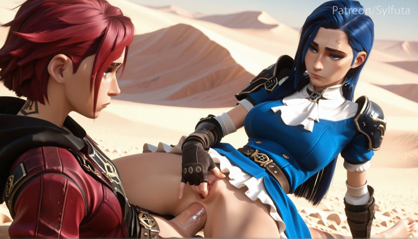 2girls ai_generated anal arcane armor belt blue_eyes blue_hair breasts brown_belt brown_gloves caitlyn_(league_of_legends) caitlyn_kiramman closed_mouth clothed_sex desert dress facial_tattoo fingering fingerless_gloves futa_with_female futanari gloves hood hood_down large_breasts league_of_legends long_hair looking_at_another masturbation multiple_girls neck_tattoo outdoors penis pussy red_hair red_jacket sand sex short_hair short_sleeves shoulder_armor shoulder_plates sidecut sylfuta tattoo vi_(league_of_legends)