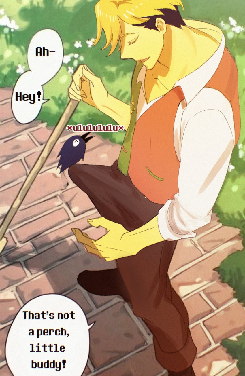 2026 2d avian beak bird black_beak black_clothing black_footwear black_shoes blonde_hair bottomwear brown_bottomwear brown_clothing brown_pants clothed clothing corvid deltarune dialogue duo elemental_creature elemental_humanoid english_text erection erection_under_clothing eye_contact feral flora_fauna floral_background flower flowery flowery_(deltarune) footwear fully_clothed genitals grey_body hair hi_res high-angle_view human humanoid humor kawkaw_(deltarune) korokon looking_at_another male male_only mammal meme multicolored_vest onomatopoeia open_mouth open_smile oscine outside pants passerine penis plant plant_humanoid shitpost shoes sitting_on_penis smile solo_male sound_effects text topwear undertale_(series) vest white_dress_shirt yellow_body yellow_skin