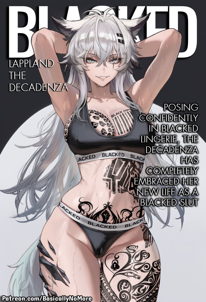 1girl ai_generated anime arknights basicallynomore black_panties black_sports_bra blacked blacked_clothing female female_only lappland_(arknights) looking_at_viewer pubic_tattoo qos qos_clothing qos_tattoo queen_of_spades queen_of_spades_symbol queen_of_spades_tattoo sportswear tattoo tattoos white_skin