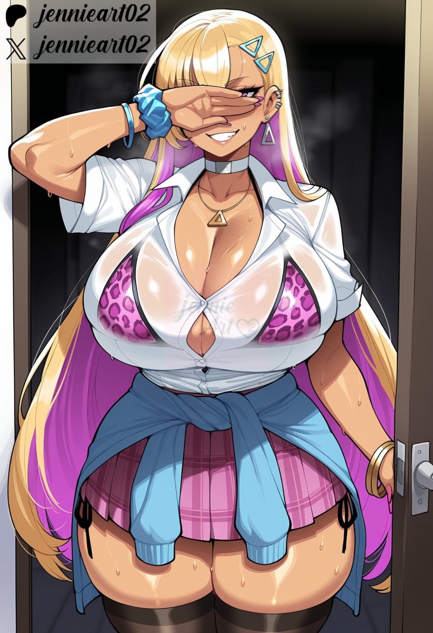 1girl ai_generated alternate_breast_size animal_print bikini bikini_under_clothes black_thighhighs blonde_hair blue_cardigan blue_scrunchie blue_sweater blush boryeon_(last_origin) bra bra_visible_through_clothes bracelet breasts bursting_breasts button_gap cardigan cardigan_around_waist choker cleavage clothes_around_waist clothing collarbone collared_shirt colored_inner_hair covering_face covering_one_eye covering_own_eyes cowboy_shot curvy dark-skinned_female dark_skin door doorway ear_piercing earrings female grin gyaru hair_ornament hairclip huge_breasts jennieart02 jewelry kogal large_breasts last_origin legwear leopard_print long_hair looking_at_viewer miniskirt mole_on_breast multicolored_hair multiple_bracelets nail_polish necklace open_door patreon patreon_logo patreon_username piercing pink_bikini pink_hair pink_nails pink_skirt plaid plaid_skirt pleated_skirt pov_doorway print_bikini purple_eyes purple_hair purple_scrunchie school_uniform scrunchie see-through see-through_shirt shirt short_sleeves side-tie_bikini_bottom side-tie_peek skindentation skirt smile solo standing steaming_body sweat sweater sweater_around_waist swimsuit tan taut_shirt teeth thick_thighs thighhighs thighs triangle_hair_ornament twitter twitter_username two-tone_hair underwear very_long_hair watermark wet wet_shirt white_choker white_shirt wide_hips wrist_scrunchie zettai_ryouiki