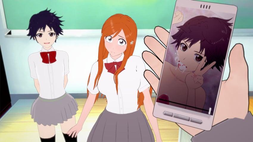 2girls 3d after_fellatio arisawa_tatsuki axeleratorvector before_and_after bleach cum cum_in_mouth inoue_orihime juxtaposition penis phone phone_screen photo_comparison tatsuki_arisawa textless video_(object)