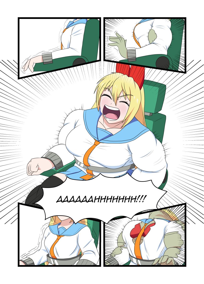 1girls action_lines closed_eyes comic_page depraveddefense kirisaki_chitoge muscle_growth muscular_female nisekoi open_mouth ripped_clothing screaming speech_bubble tagme tears tied_to_chair transformation under_control(comic)