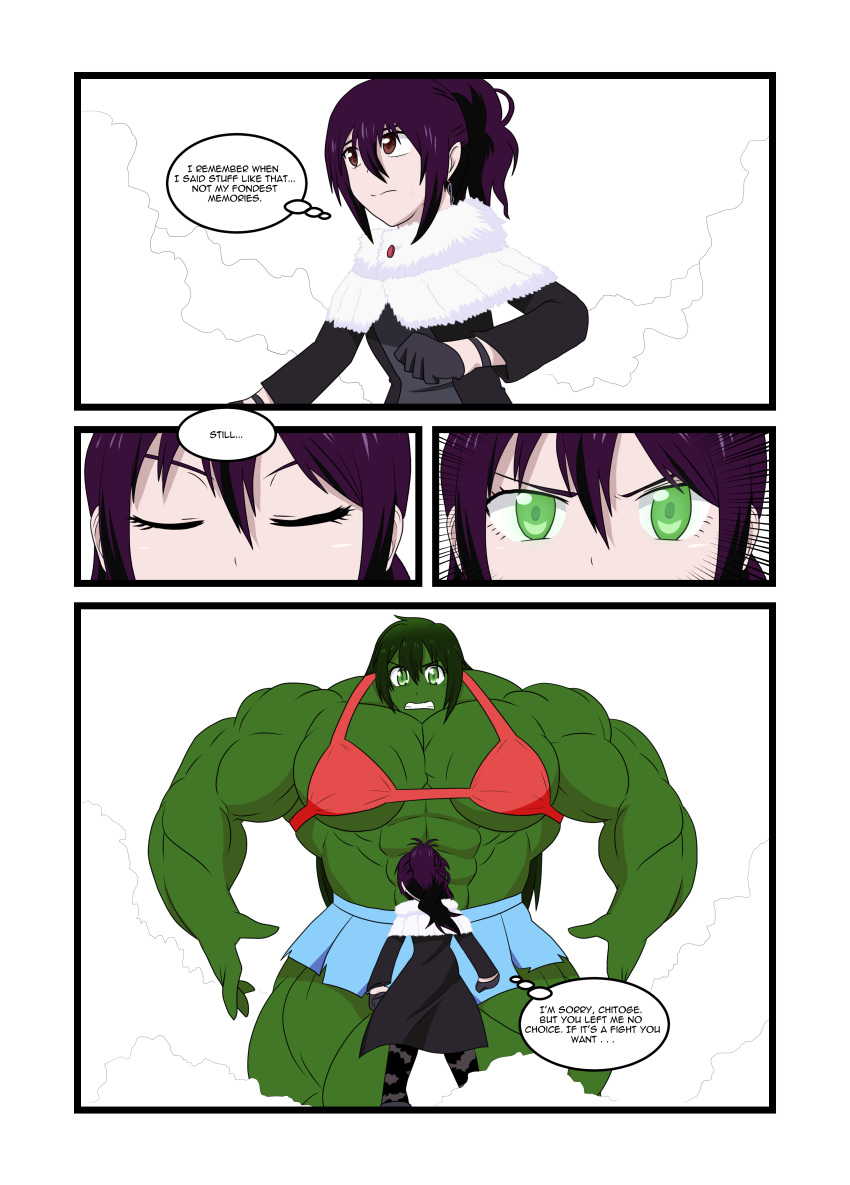 2girls bra comic_page depraveddefense female female_only green-skinned_female green_body green_eyes green_skin hulked_out hyper_muscles kirisaki_chitoge kirisaki_hana mother_and_daughter multiple_girls muscles muscular_female nisekoi red_bra smaller_female tagme thought_bubble thought_bubbles under_control(comic)