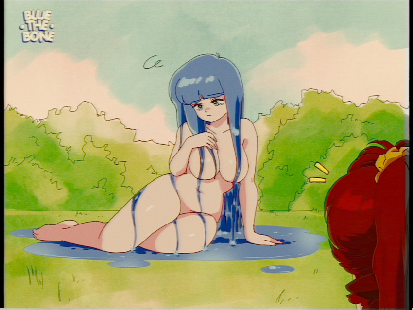 2girls arm_support artist_name bangs beula_the_bigfoot blue_hair bluethebone blunt_bangs borrowed_character breasts brown_hair bush casual closed_mouth commentary completely_nude day english_commentary eyebrows_visible_through_hair female grass humanoid kelda_(akairiot) large_breasts liquid_hair looking_away multiple_girls navel notice_lines nude nudist original out_of_frame outdoors pale_skin puddle retro_artstyle sad sitting squiggle vhs_artifacts yokozuwari