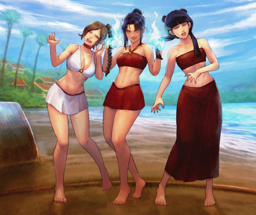 3girls abuse alternate_breast_size avatar_the_last_airbender azula bandeau bandeau_bikini bare_legs barefoot beach big_breasts bikini bikini_skirt black_hair blue_fire blunt_bangs braid breast_size_difference brown_hair bullying cirenk cleavage clothing crazy_eyes crying double_bun evil_smile feet female female_focus female_only fire fire_nation firebending hair_bun hair_pull hourglass_figure island large_breasts long_hair long_skirt mai_(avatar) medium_breasts messy_hair midriff nickelodeon palm_tree red_bikini runny_makeup runny_mascara sand shoreline skirt small_breasts strapless_bikini swept_bangs swimsuit teenager toes tropical_setting twintails ty_lee white_bikini