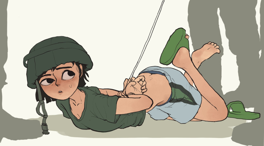 ass_cheeks attached black_hair dark_eyes feet flip_flops green_shoes helmet military_uniform rifleman rifleman1130 sandals surrounded t-shirt