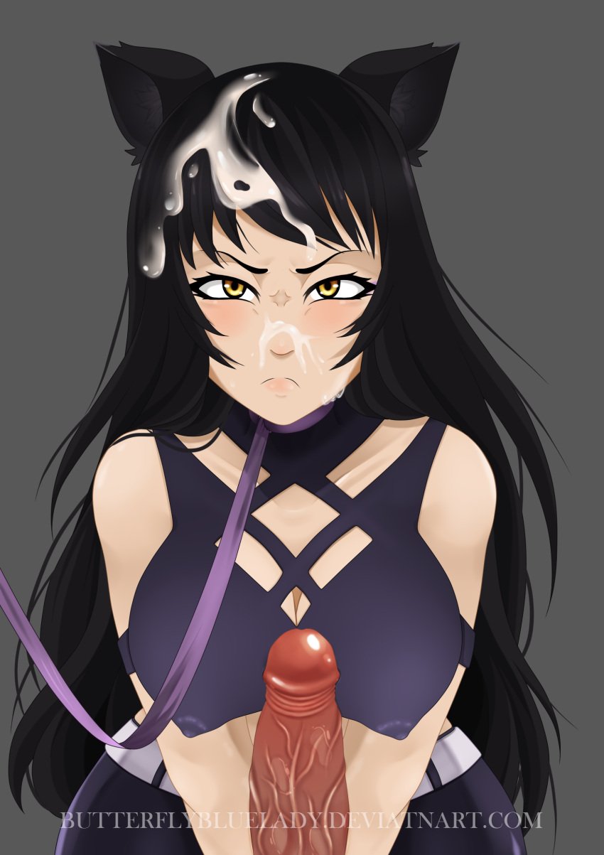 1girls angry black_hair blake_belladonna butterflybluelady cat_ears cum cum_in_hair cum_on_face leash male_pov penis pout pov pov_eye_contact rwby very_long_hair