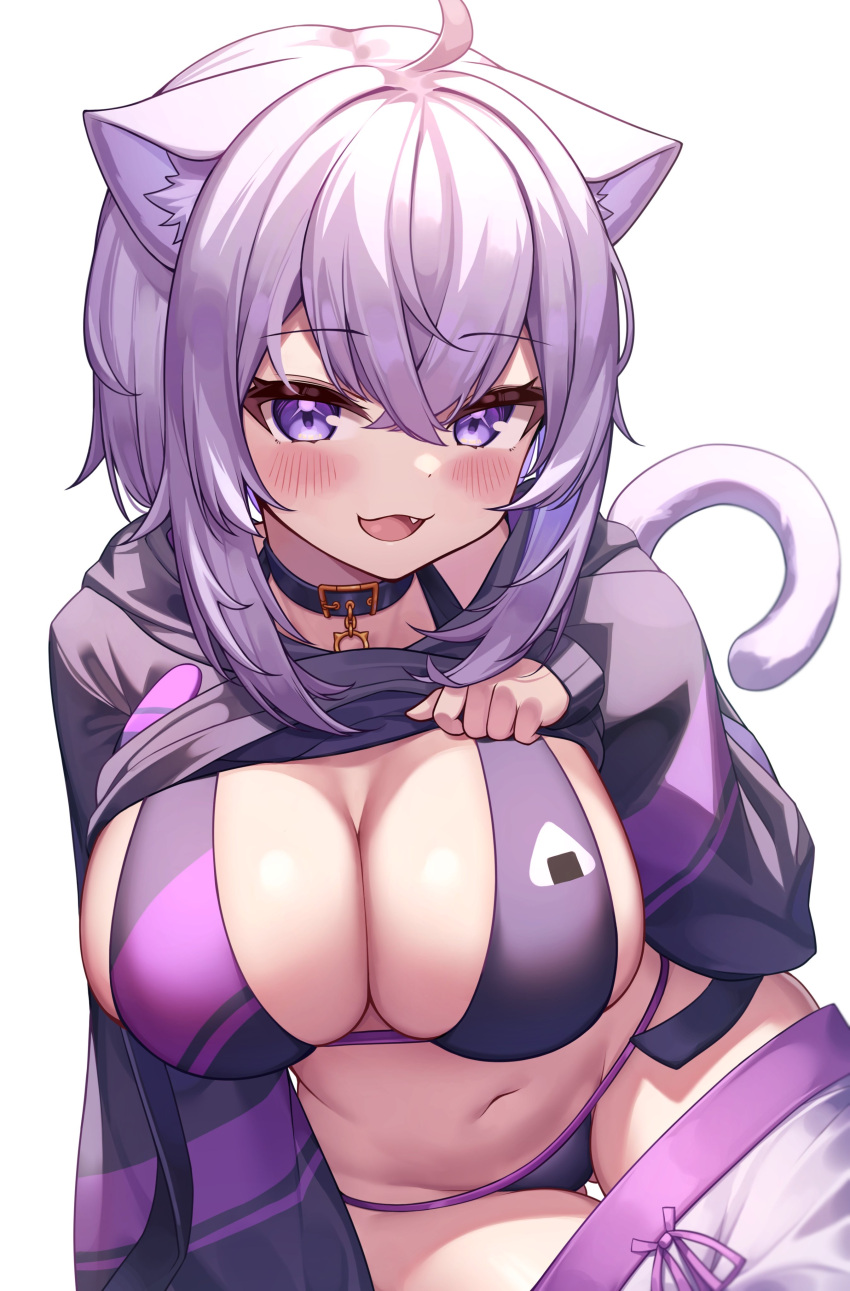 1girls ahoge animal_ears bikini blush breasts cat_ears cat_tail catgirl choker deaver fangs female_only hololive hololive_gamers hololive_japan jacket kemonomimi large_breasts lifting_clothing long_sleeves looking_at_viewer navel nekomata_okayu open_mouth purple_eyes purple_hair shirt_lift short_hair simple_background sitting smile solo swimsuit tail thighs virtual_youtuber white_background