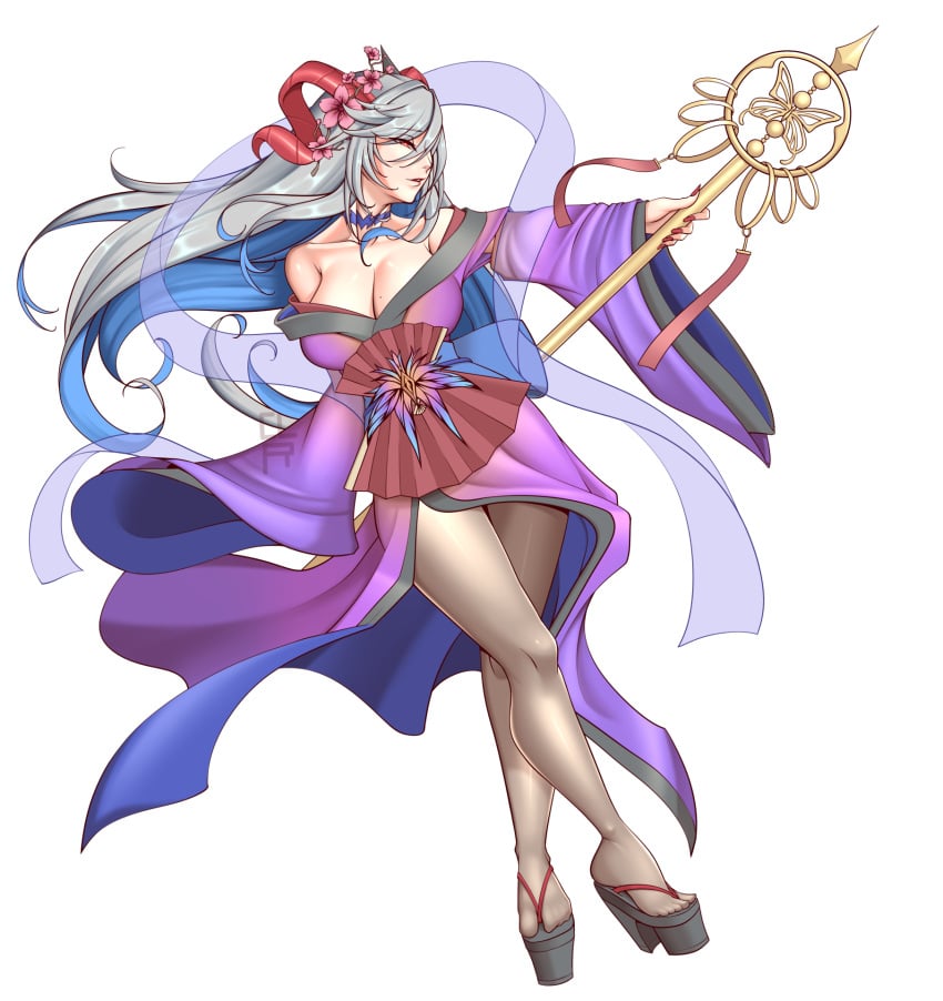 1girls alternate_costume bare_shoulders blue_hair cleavage cleru_(cleruuuuu) collarbone fire_emblem fire_emblem_heroes freyja_(fire_emblem) grey_hair huge_breasts japanese_clothes long_hair mole mole_on_breast multicolored_hair new_year nintendo red_eyes silver_hair smile solo solo_female staff stockings