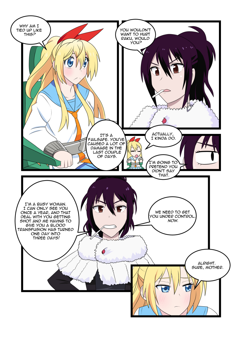 2girls comic_page depraveddefense kirisaki_chitoge kirisaki_hana mother_and_daughter nisekoi speech_bubble speech_bubbles tagme tied_to_chair under_control(comic)