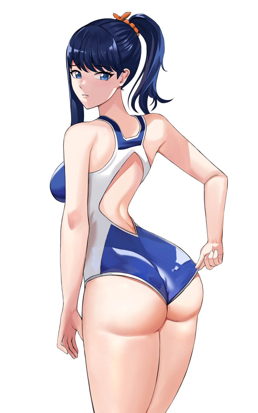 1girls absurdres adjusting_clothes adjusting_swimsuit ass back_cutout bellone blue_eyes blue_hair clothing_cutout competition_swimsuit dark_blue_hair female gridman_(character) gridman_universe hair_ornament hair_scrunchie high_ponytail highres looking_at_viewer looking_back one-piece_swimsuit orange_scrunchie parted_lips ponytail scrunchie simple_background single_sidelock solo ssss.gridman swimsuit takarada_rikka thighs white_background