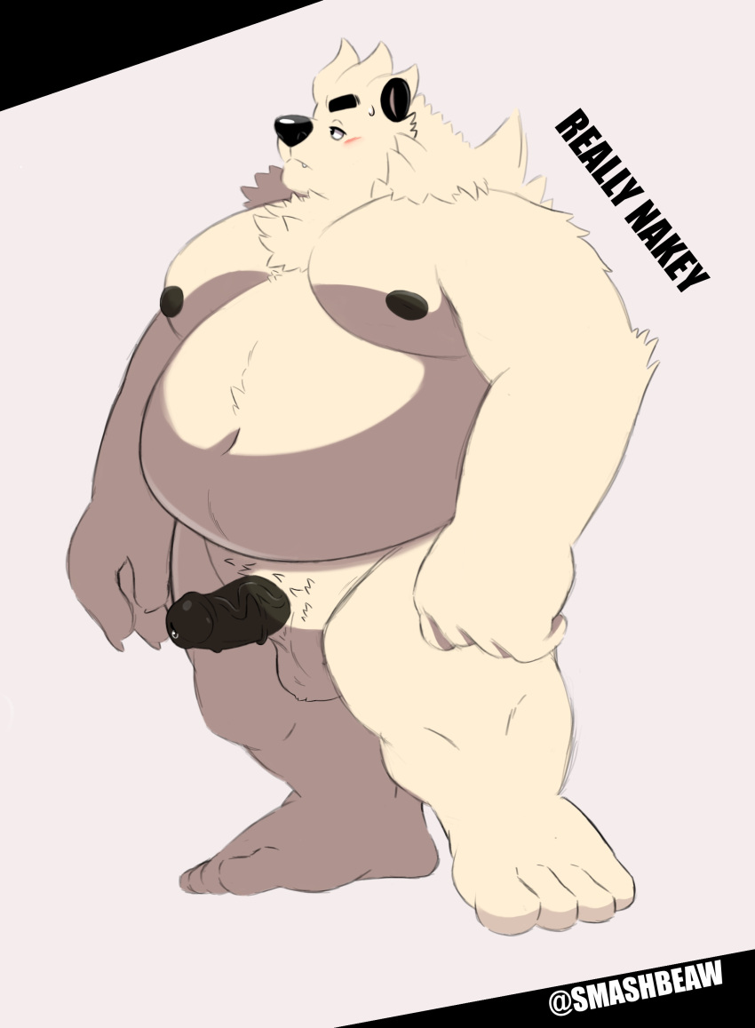 2021 absurd_res anthro balls black_nose blush erection genitals hi_res humanoid_genitalia humanoid_hands humanoid_penis male male_only moobs nintendo nipples overweight overweight_anthro overweight_male pangoro penis pokémon_(species) pokemon smashbeaw solo video_games