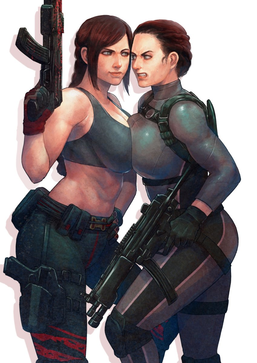 2girls big_breasts bodysuit breasts brown_hair call_of_duty catfight cirenk cleavage clothed eye_contact female female_only fit fit_female large_breasts mara_(cod) roze_(cod) smirk toned toned_female