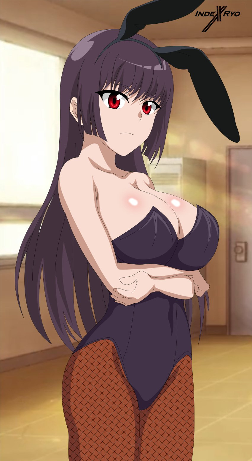 1girls big_breasts black_hair breasts bunny_ears bunny_girl bunnysuit cleavage clothed clothing costume female_focus female_only hi_res indexryo lingerie long_hair looking_at_viewer please_don't_bully_me,_nagatoro ponytail president_(nagatoro) purple_hair red_eyes revealing_clothes sana_sunomiya solo watermark wide_hips