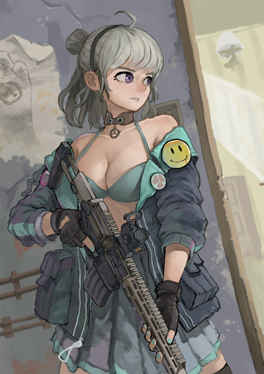 bra cute cute_face green_bra gun jacket large_breasts necklace pins purple_eyes rifleman rifleman1130 room white_hair