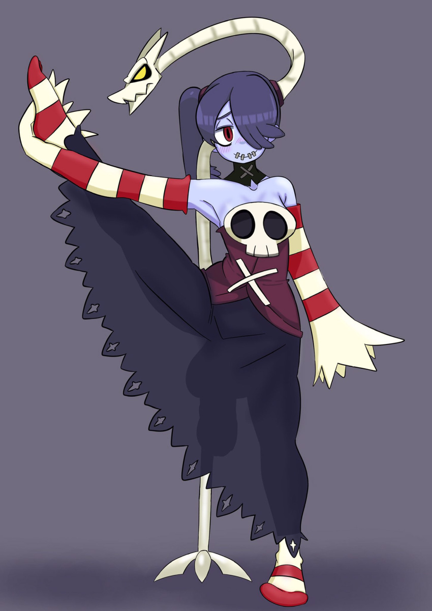 4949_onisan big_balls blush dress flaccid futanari huge_cock leg_up leviathan_(skullgirls) looking_at_viewer onisan_(artist) purple_hair purple_skin red_eyes see-through see-through_clothing skull skullgirls small_breasts smile smiling_at_viewer squigly striped_legwear