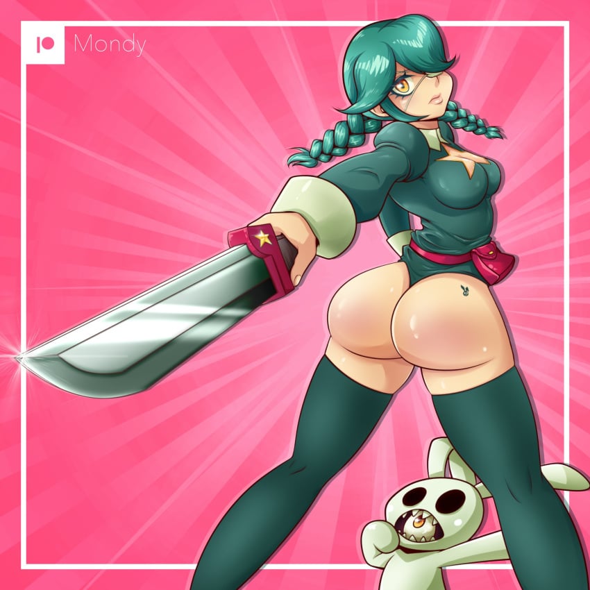 1girls annie_(skullgirls) ass big_ass big_butt braided_hair breasts eye_contact female high_heel_boots looking_at_viewer mondy sagan_(skullgirls) skullgirls sword thick_thighs