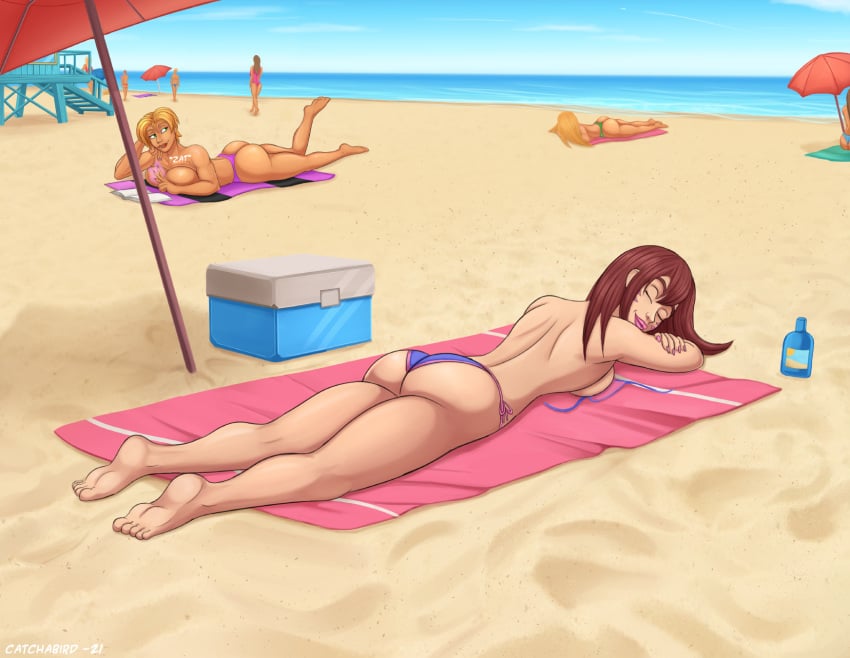 ass_expansion beach beach_towel before_and_after bikini breast_expansion catchabird cooler d.va eyes_closed inflation overwatch topless transformation umbrella