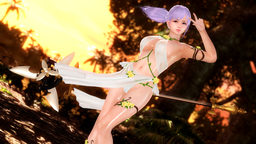 3d bocas_top dead_or_alive dead_or_alive_xtreme_venus_vacation female fiona_(doa) kokorogb large_breasts loincloth peace_sign purple_hair