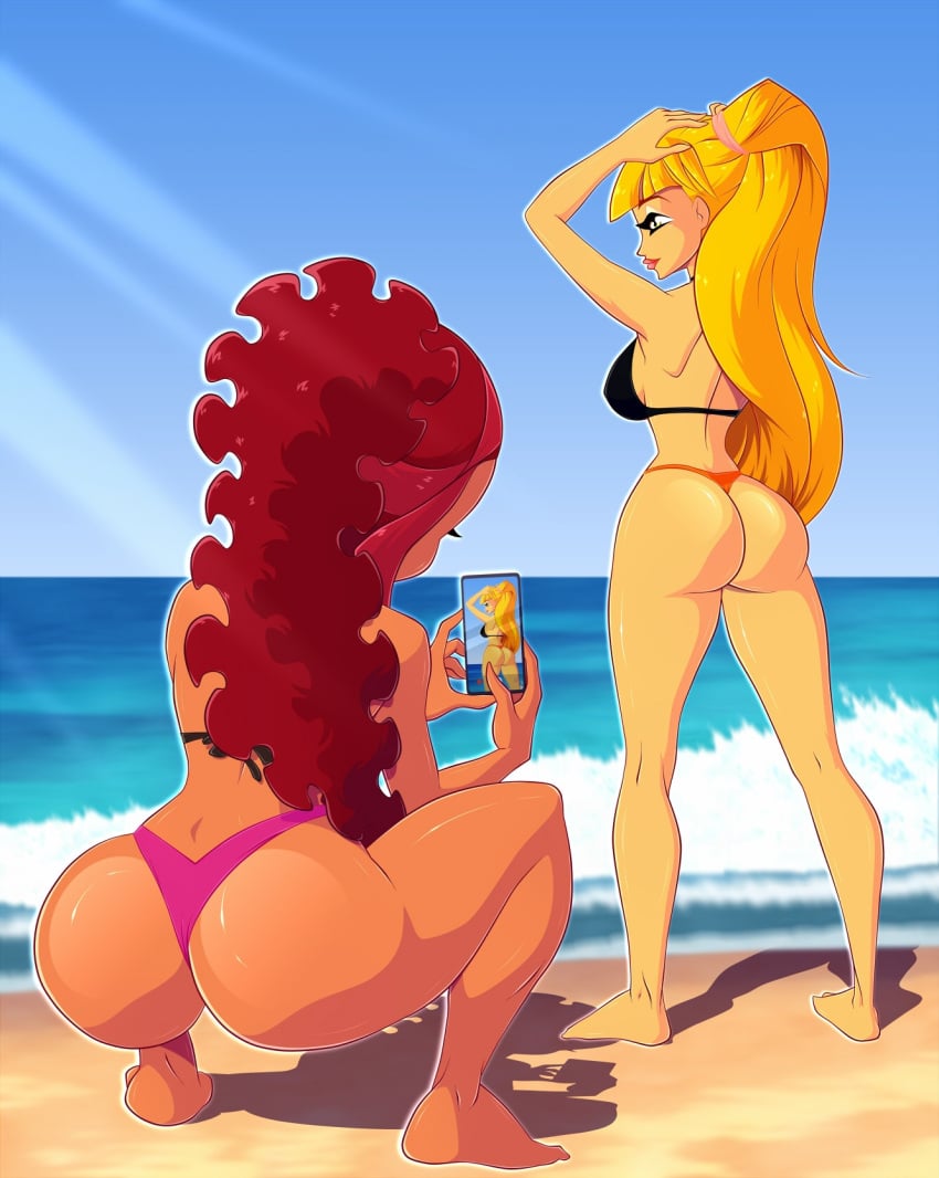 2girls 4kids_entertainment african_female aisha aisha_(winx_club) amber_eyes ass beach big_ass big_breasts bikini blonde_hair breasts brown_hair camera_phone dark-skinned_female dark_skin eyeshadow hands_behind_head human layla layla_(winx_club) nickelodeon phone phone_screen rainbow_(animation_studio) squatting stella stella_(winx_club) swimsuit taking_picture thin_waist voluptuous water winx_club zfive