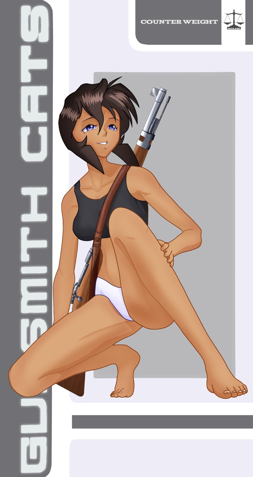 1girls barefoot black_hair black_tank_top blue_eyes breasts brown_hair casual casual_underwear clothed clothing counter_weight dark-skinned_female dark_skin feet female firearm gun gunsmith_cats human rally_vincent rifle short_hair smile underwear weapon white_panties