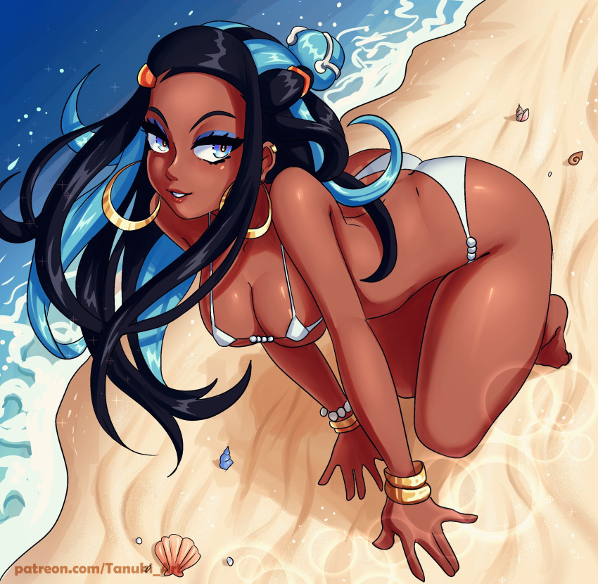 1girls ass bikini cleavage dark-skinned_female dark_skin gym_leader human micro_bikini nessa_(pokemon) nintendo pokemon pokemon_ss rumblyf swimsuit thick_thighs