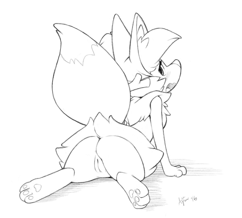 2016 3_toes ajin anthro anus arm_support ass biped black_and_white blush braixen canid canine digitigrade feet female genitals hi_res inner_ear_fluff looking_at_viewer looking_back lying mammal monochrome nintendo on_front on_ground open_mouth pawpads paws pokémon_(species) pokemon pokemon_(species) presenting presenting_hindquarters presenting_pussy pussy raised_tail rear_view simple_background sketch solo toes tuft video_games white_background