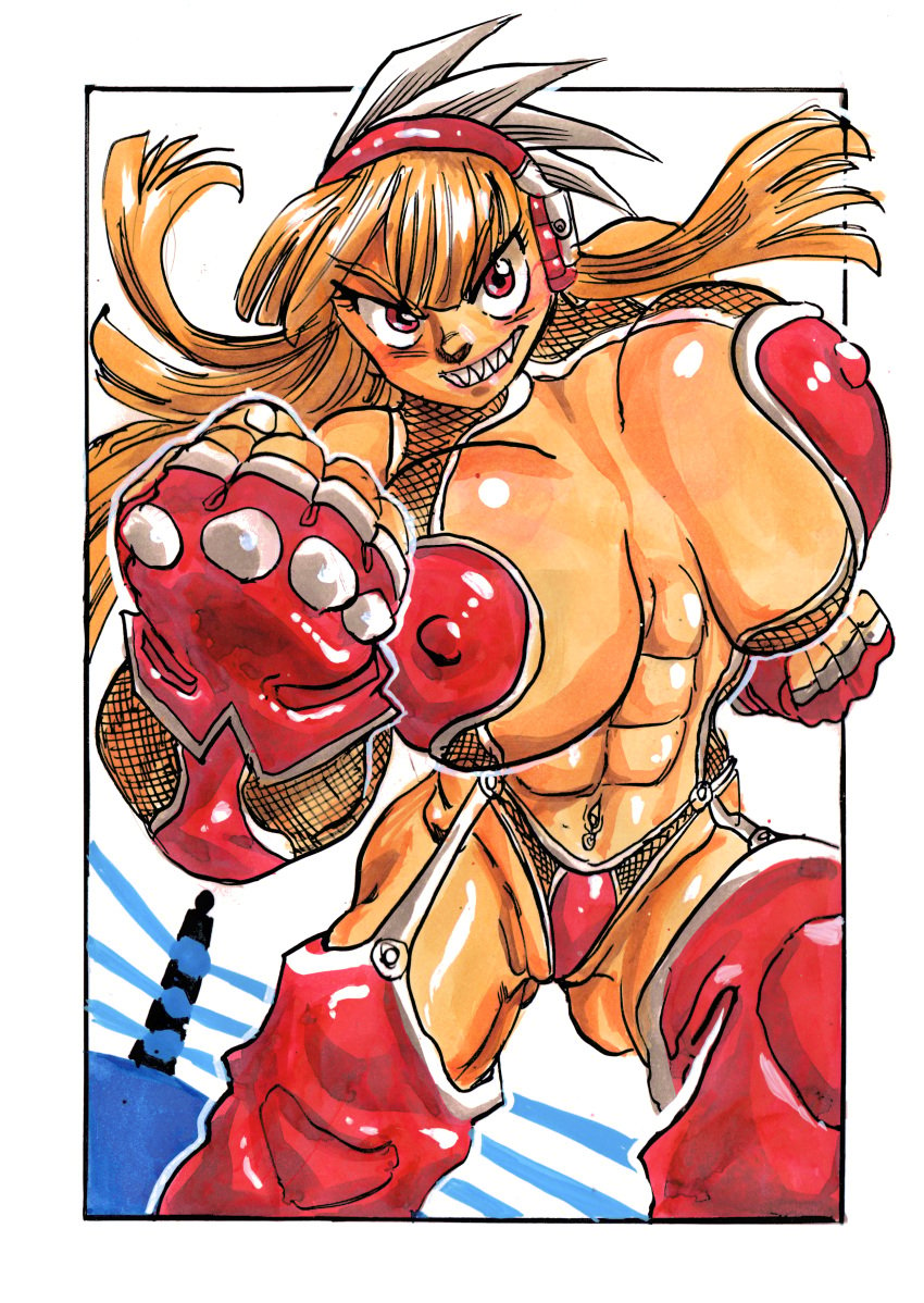 2019 abs bengus_stratovarious big_breasts color fingerless_gloves genkai_toppa_wrestling! goudadunn headphones highres muscular muscular_female nipple_bulge orange_hair pinup sharp_teeth solo tomboy traditional_media_(artwork) watercolor_(artwork) wrestling_ring