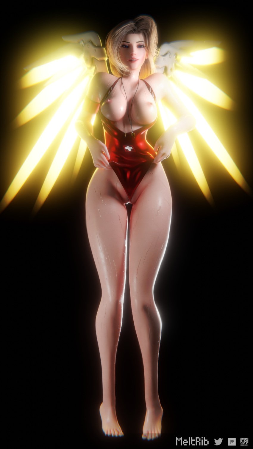 3d between_labia blonde_hair exposed_breasts exposed_nipples exposed_pussy innie_pussy lifeguard looking_at_viewer lowres meltrib mercy one-piece_swimsuit overwatch pulling_clothing