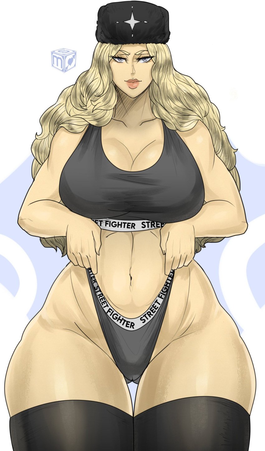 1girls big_breasts blonde_hair blue_eyes breasts calvin_klein cleavage curvaceous eye_contact female female_only huge_breasts kolin large_breasts lips long_hair looking_at_viewer mature_female milf sekushimagik solo street_fighter street_fighter_v thick_lips thick_thighs thighhighs thong ushanka voluptuous wide_hips