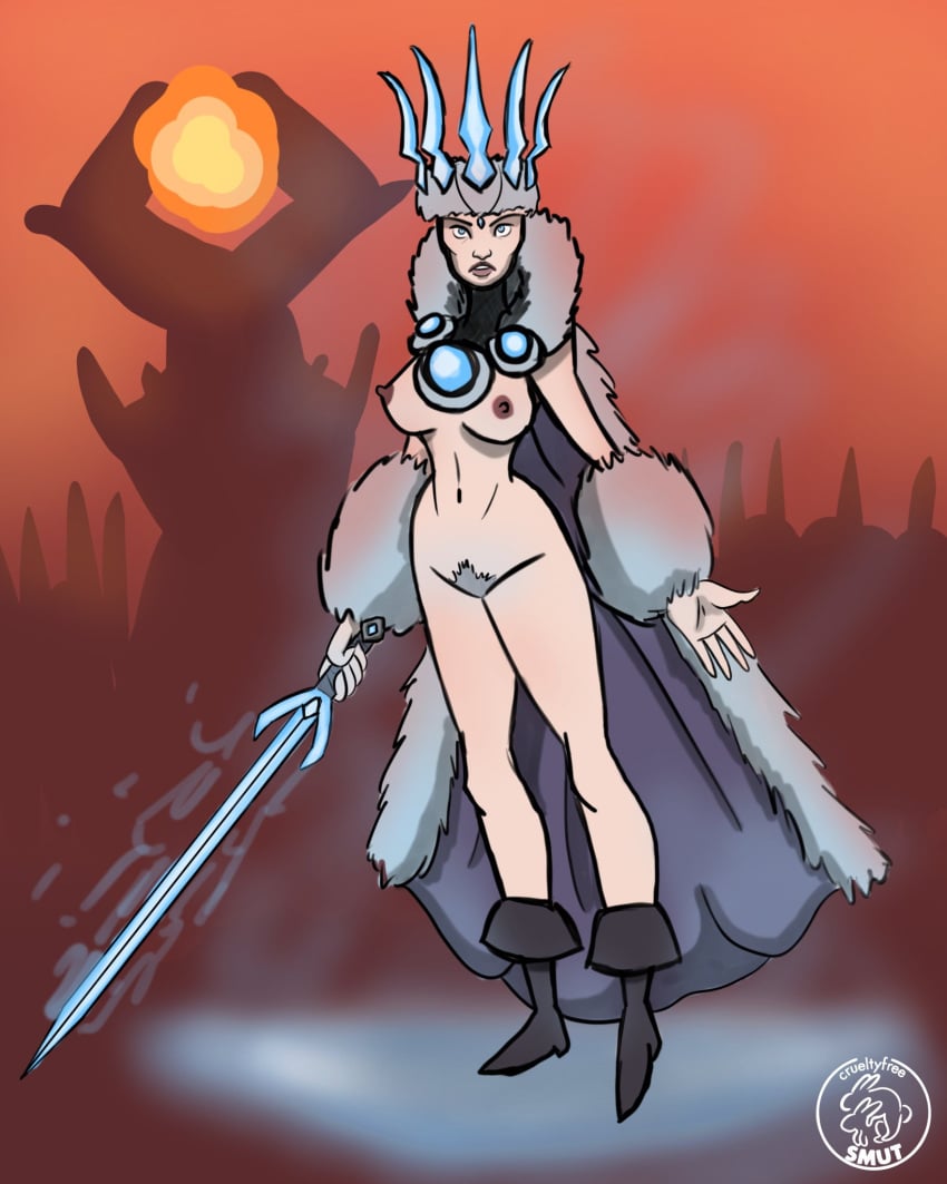 1girls blue_eyes boots breasts bush cape crown crueltyfreesmut female female_only functionally_nude fur_trim hair human ice kislev legs looking_at_viewer magic nipples pubic_hair queen royalty solo solo_female stomach sword tagme total_war:_warhammer tzarina_katarin warhammer_(franchise) warhammer_fantasy