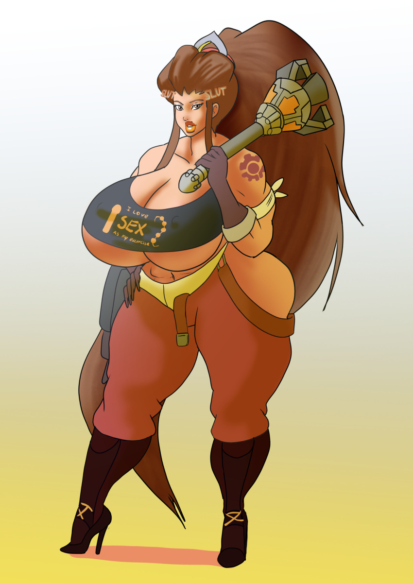 1girls 2d alternate_costume annon bimbo blizzard_entertainment breasts brigitte brown_hair cleavage eyeshadow female female_only high_heels huge_breasts lipstick long_fingernails looking_at_viewer mace makeup muscular muscular_female nipple_bulge overwatch solo tattoo thick_lips thick_thighs voluptuous wide_hips