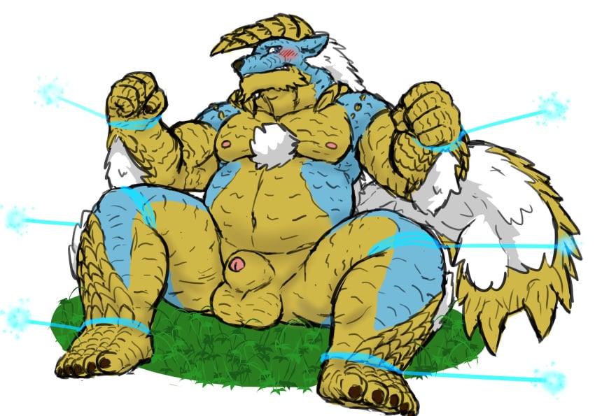 2021 anthro balls belly blue_body blush bound capcom fanged_wyvern flaccid genitals hi_res humanoid_hands kemono male monster_hunter moobs nipples overweight overweight_anthro overweight_male penis reddo12340 scalie sitting solo video_games zinogre