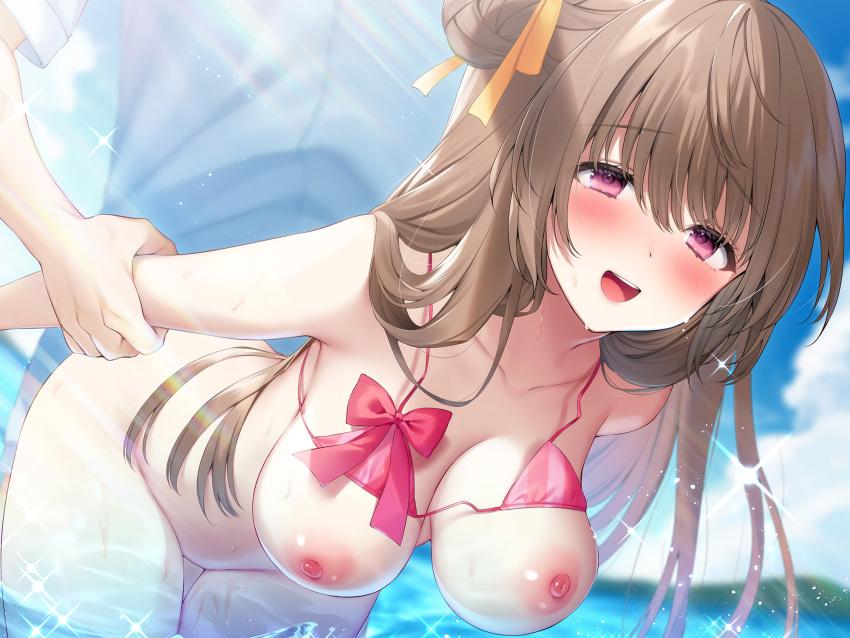 bikini_top breasts brown_hair jiiwara long_hair nipples original purple_eyes sex water