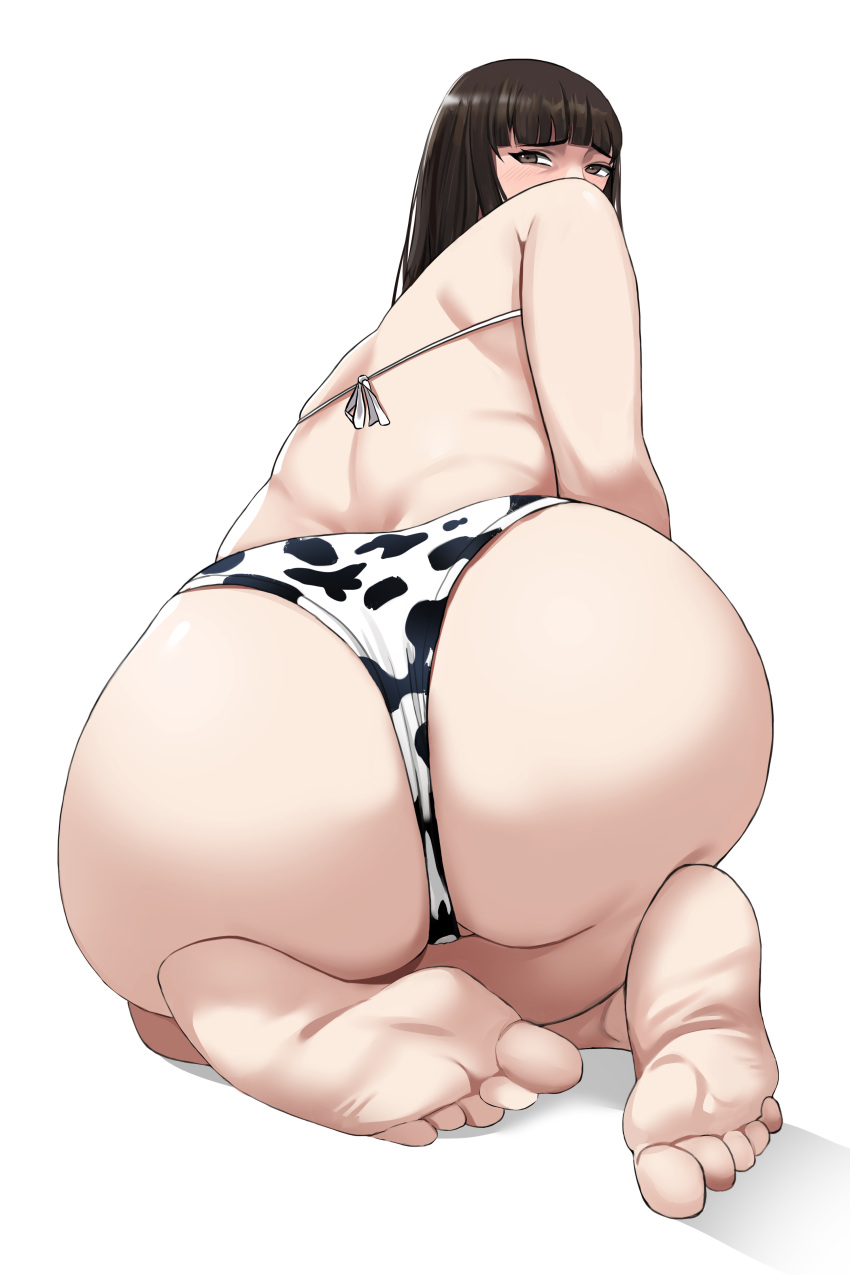 1girls absurdres animal_print ass ass_focus back barefoot bellone big_ass bikini blunt_bangs blush brown_eyes brown_hair commentary covered_mouth cow_print from_behind full_body furrowed_brow girls_und_panzer highres hime_cut long_hair looking_at_viewer looking_back mature_female micro_bikini nishizumi_shiho print_bikini seiza simple_background sitting soles solo straight_hair string_bikini swimsuit white_background