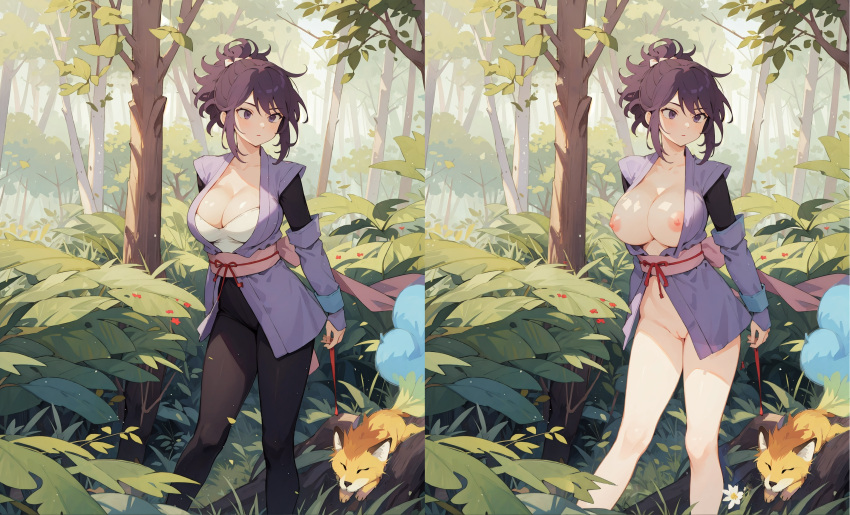 ai_generated breasts breasts_out cleavage comparison female female_focus female_only fox fujibayashi_sheena fujibayashi_shiina hairtie huge_boobs huge_breasts kimono medium_hair naked naked_female nipples on_off pet purple_eyes purple_hair purple_kimono pussy red_bow red_string sheena_fujibayashi solo solo_female solo_focus stockings tales_of_(series) tales_of_symphonia tied_hair version_comparison