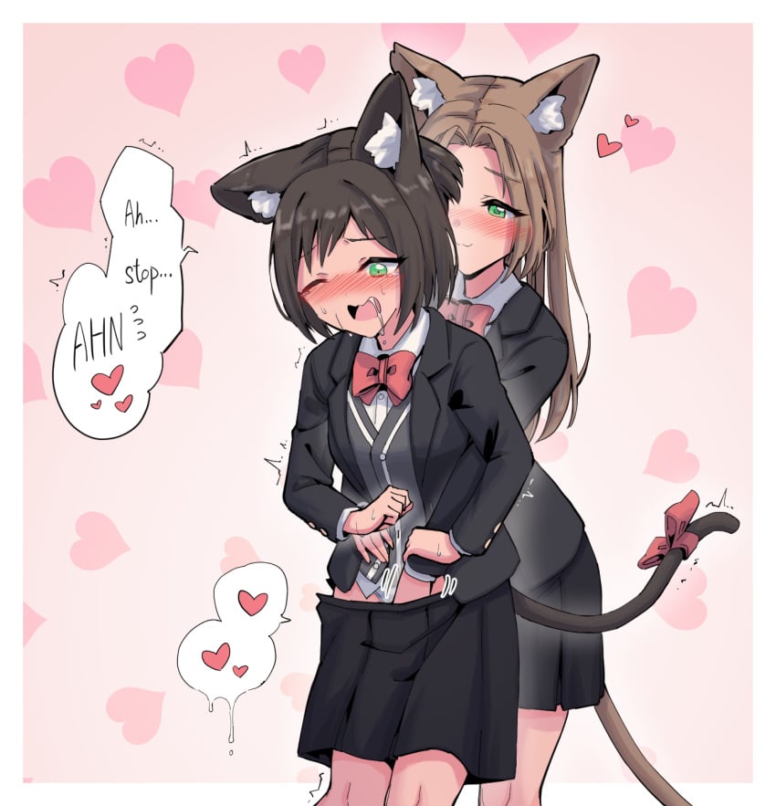 2girls :3 animal_ear_fluff animal_ears bangs black_jacket black_skirt blue_panties border bow bowtie breasts brown_hair buttons cat_ears cat_girl cat_tail clenched_hand closed_mouth collared_shirt commentary drooling english_text eyebrows_visible_through_hair fingering flying_sweatdrops green_eyes grey_vest hair_intakes half-closed_eyes hand_under_clothes heart heart_background highres hug hug_from_behind jacket long_hair long_sleeves looking_at_another looking_down miniskirt motion_lines multiple_girls one_eye_closed one_side_up open_clothes open_jacket open_mouth original outline outside_border panties pink_background pleated_skirt red_bow red_neckwear rune_(pixiv_25170019) saliva school_uniform shirt short_hair sidelocks skirt small_breasts speech_bubble spoken_flying_sweatdrops spoken_heart standing striped striped_panties sweat tail tail_bow tail_ornament talking tears tied_hair trembling underwear vest white_border white_outline white_shirt wince wrist_grab yuri