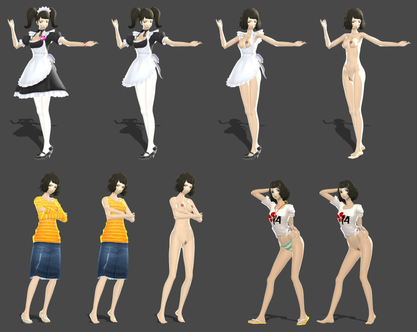 1girls alternate_costume alternate_hairstyle apron atlus bikini_bottom breasts brown_eyes brown_hair clothed clothing grey_background heels maid model_sheet naked nipples nude persona persona_5 pubic_hair pussy sadayo_kawakami shoes short_hair twintails vagina xelandis