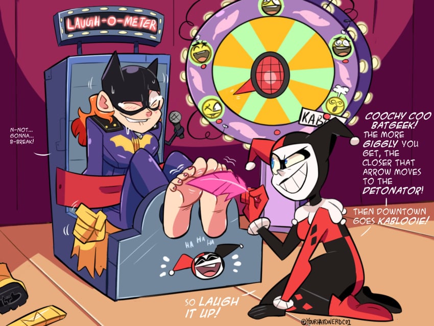 2girls 4:3 4:3_aspect_ratio barbara_gordon barefoot batgirl blush clothed_female dc dc_comics feet female_only foot_fetish foot_tickling harley_quinn harley_quinn_(classic) huge_feet multiple_girls soles tears text tickle_torture tickling tickling_feet toes yourhardnerdcollector