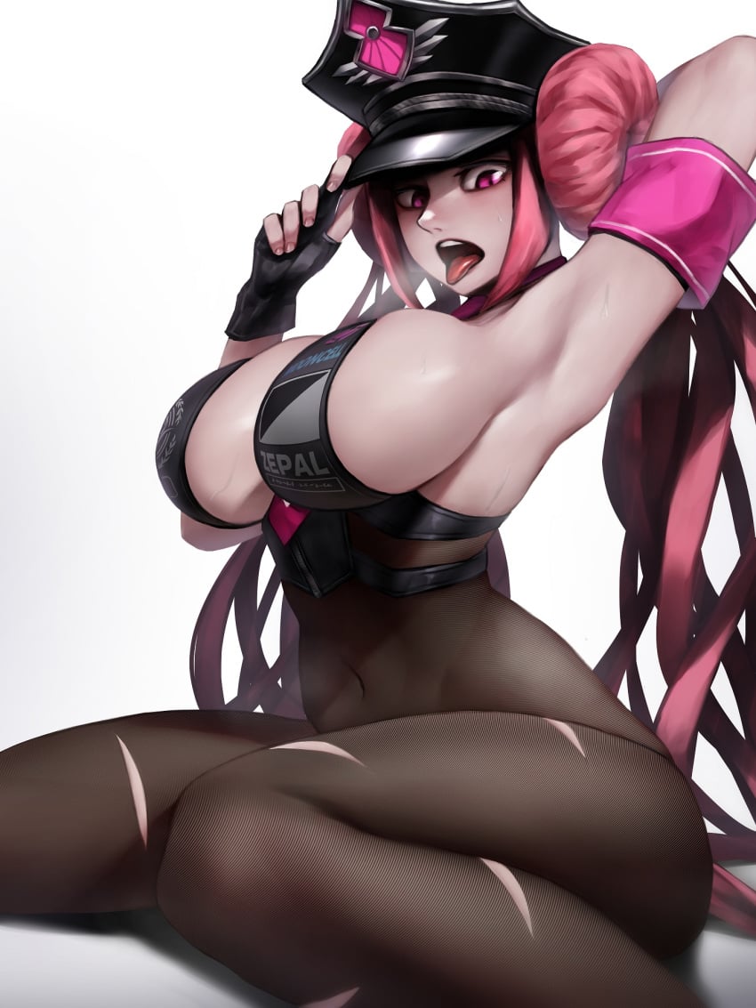 arm_behind_head arm_up armband armpits bare_shoulders beret between_breasts black_headwear bluecup bodystocking bodysuit breasts brown_bodysuit cleavage cosplay covered_navel double_bun fate/grand_order fate_(series) female fine_fabric_emphasis fingernails hand_on_headwear hat highres large_breasts long_hair looking_at_viewer necktie necktie_between_breasts open_mouth original pink_eyes pink_hair pink_neckwear sesshouin_kiara sesshouin_kiara_(swimsuit_mooncancer) sesshouin_kiara_(swimsuit_mooncancer)_(cosplay) sesshouin_kiara_(swimsuit_mooncancer)_(fate) sideboob sidelocks simple_background sitting skindentation solo sweat tongue tongue_out torn_bodysuit torn_clothes upper_teeth veiny_breasts very_long_hair wariza white_background