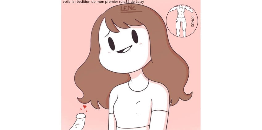 artbylenc black_eyes blush brown_hair embarrassed female french_text french_youtuber lacuriositemetuera lelay leylay penis perky_nipples smile youtube youtuber