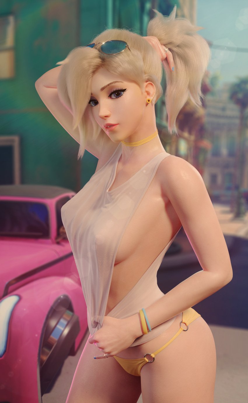 1girls 3d 4k bikini blizzard_entertainment blonde_hair blue_eyes blue_nail_polish blue_nails bracelet breasts clothed_female clothing earrings female female_only forceballfx high_resolution highres long_hair mercy nipples nipples_visible_through_clothing overwatch ponytail shiny_skin sunglasses sunglasses_on_head sweat sweating sweaty thick_lips