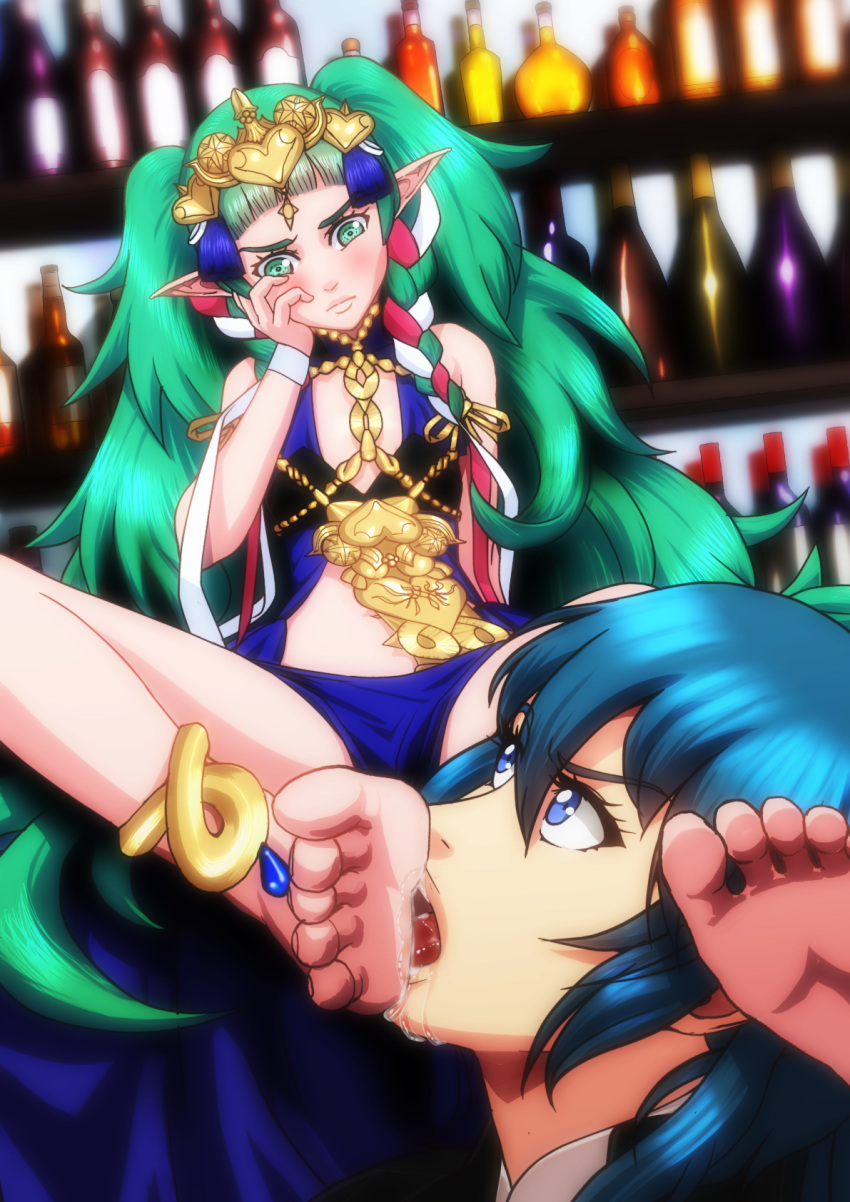 2girls bar bare_legs barefoot blue_eyes byleth_(fire_emblem) byleth_(fire_emblem)_(female) feet female_only fire_emblem fire_emblem:_three_houses foot_fetish foot_lick foot_worship green_eyes green_hair medium_hair nintendo raliugaxxx saliva sitting sothis_(fire_emblem) teal_hair worship yuri