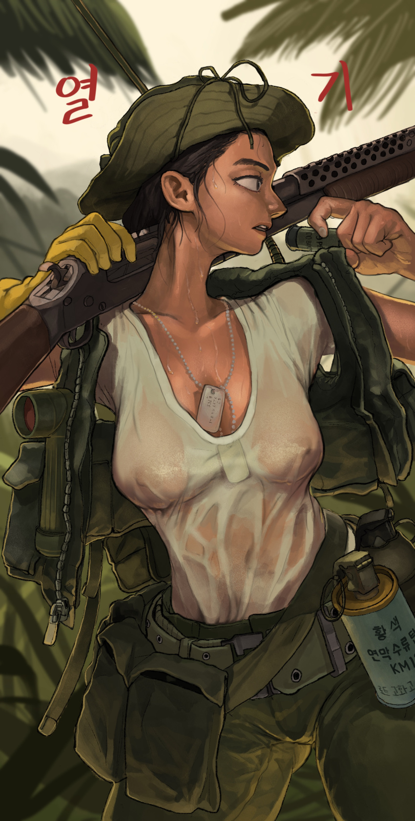 1girls belt black_hair cleavage dog_tags erection_under_clothes female female_soldier flashlight gloves grenade hat highres korean_text large_breasts military military_uniform outdoors riflema19449003 rifleman rifleman1130 see-through_clothing shotgun shotgun_shell soldier solo standing sweat undressing weapon wet wet_clothes wet_shirt winchester_1897 yellow_gloves