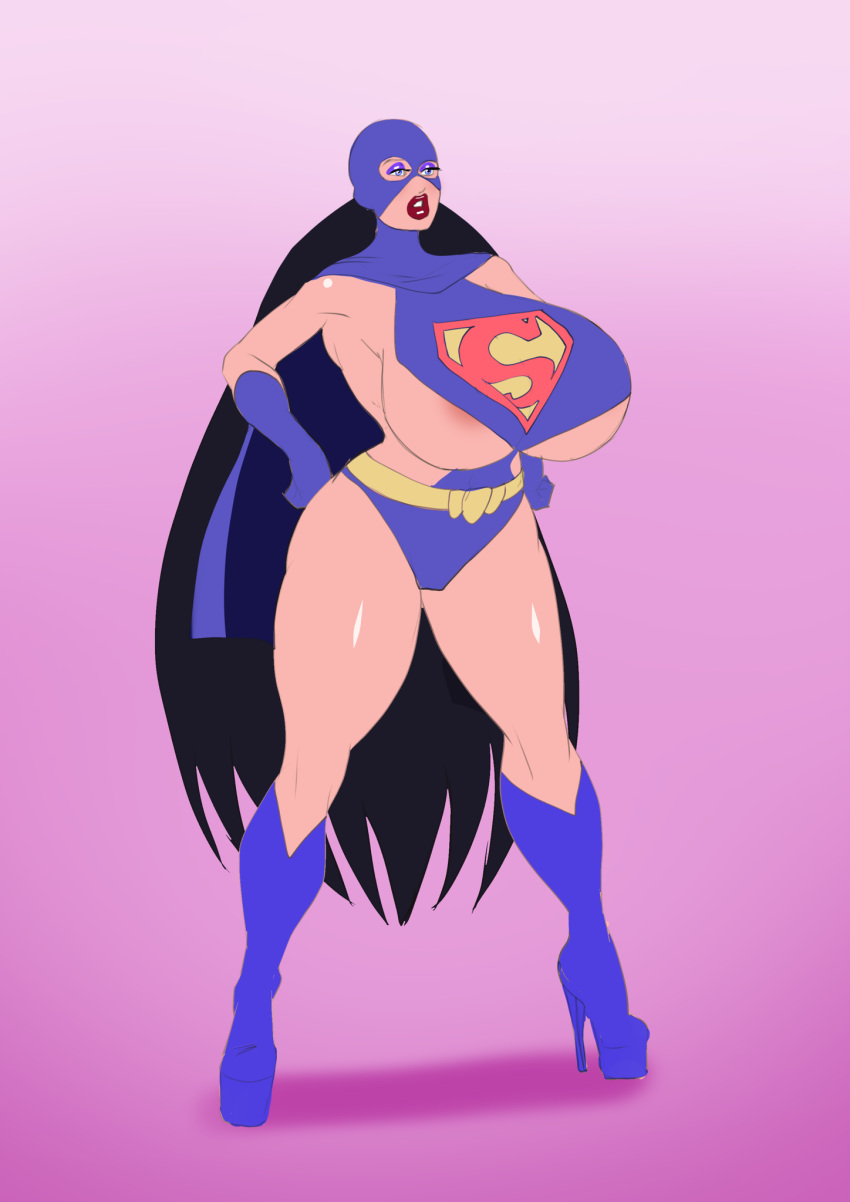 1girls annon areolae_slip bimbo breasts costume dc dc_comics dcau eyeshadow female hands_on_hips high_heels huge_breasts lipstick lois_lane lois_lane_(dcau) long_hair makeup masked skimpy solo superman:_the_animated_series superman_(series) superwoman thick_thighs very_long_hair voluptuous wide_hips