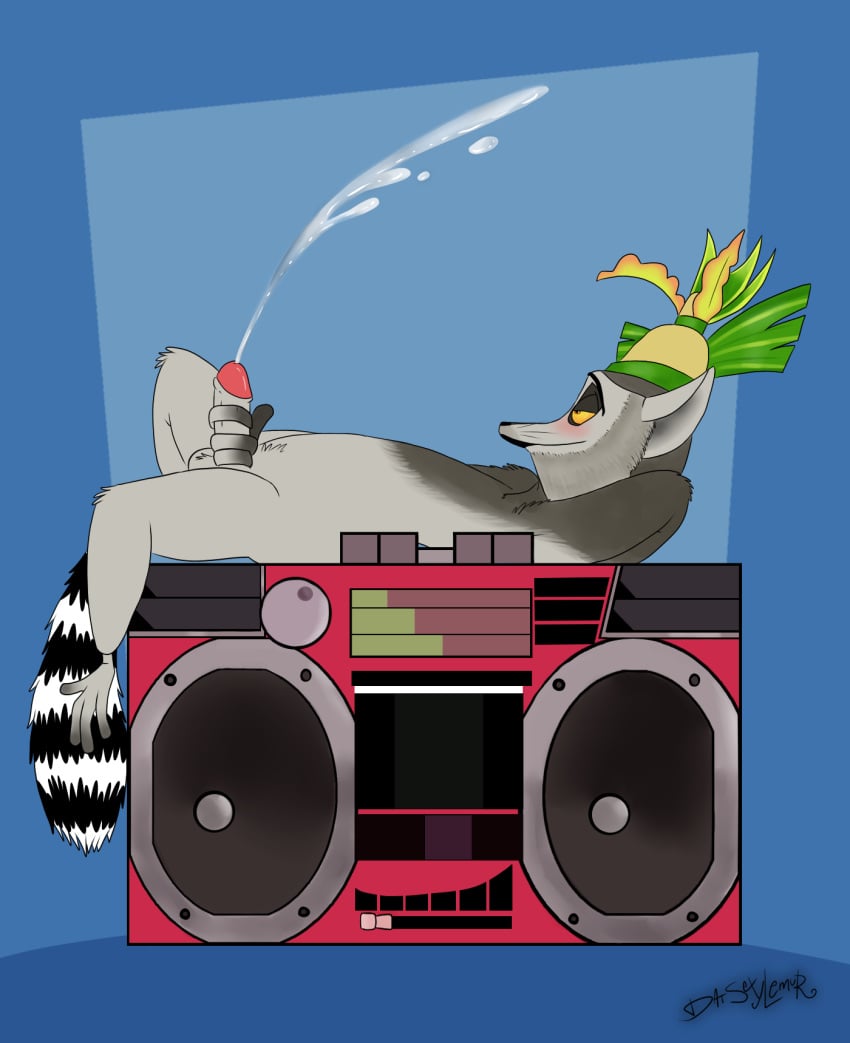 anthro blush boombox cum cumshot datsexylemur dreamworks foreskin glans king_julien lemur lying lying_on_back madagascar_(series) male_only masturbation music_player on_back partially_retracted_foreskin penile_masturbation penis uncut