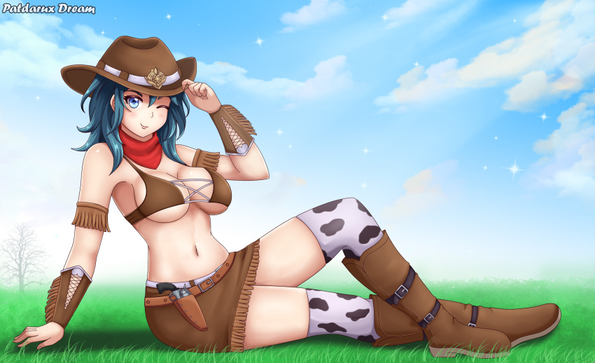 1girls alternate_costume animal_print bare_midriff bare_thighs blue_eyes boots breasts byleth_(fire_emblem) byleth_(fire_emblem)_(female) cow_print cowboy_hat female fire_emblem fire_emblem:_three_houses firearm gun handgun hat highres human large_breasts looking_at_viewer medium_hair nintendo one_eye_closed outdoors patdarux revolver sideboob sitting smile solo underboob weapon western wink